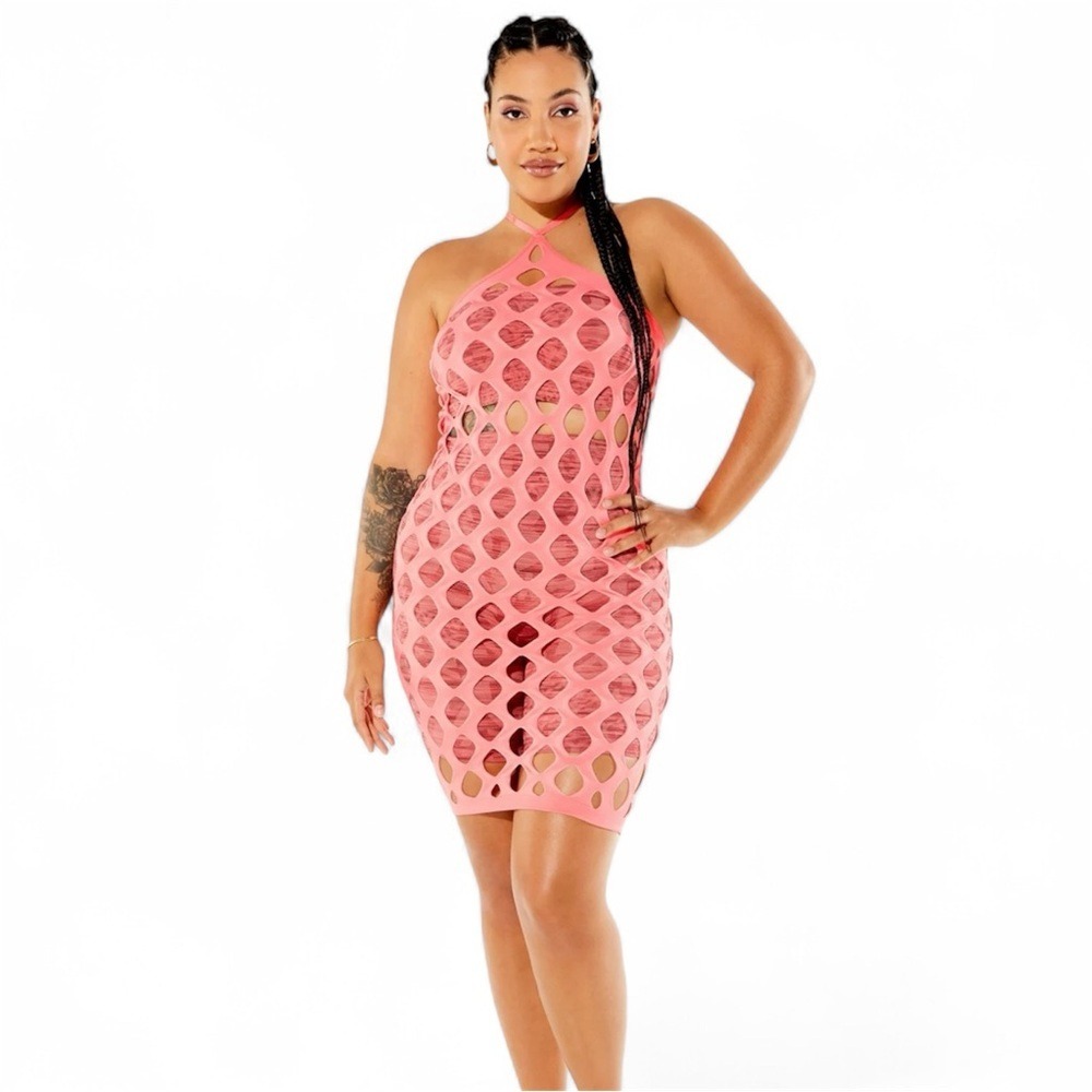 Mesh YITTY Nearly Naked‎ Peach Open Knit Mini Dress/ Bathing Suit Cover Med NWT
